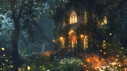 Obraz premium In a secluded forest glade, bathed in the soft glow of twilight, stands a magnificent, otherworldly home. 