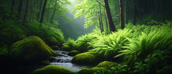 Fototapeta premium Lush green forest with fern and a serene stream flowing through the landscape.