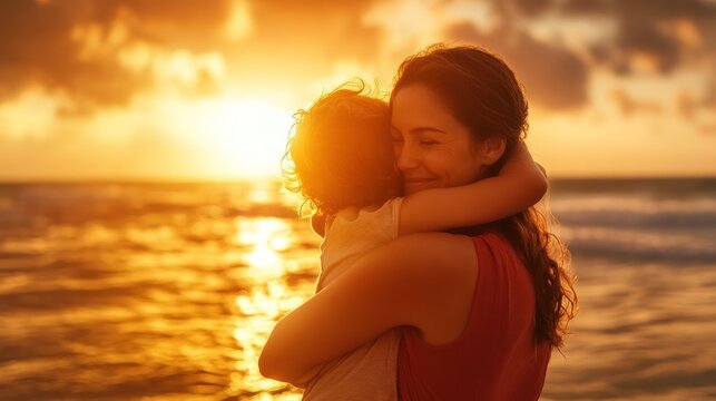 Mother and Son Embrace at Sunset