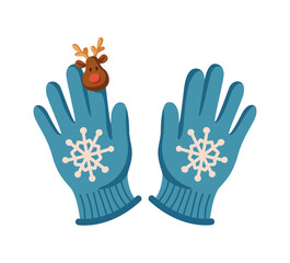 Festive blue winter gloves with snowflakes and deer flat color vector object. Christmas season handwear design illustration on white