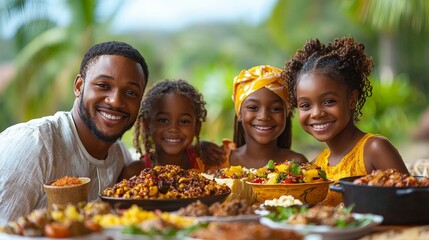 A joyful family gathering around a table filled with diverse dishes.