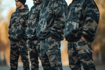 Camo-clad group in urban setting, embracing outdoor style