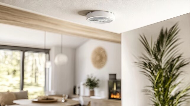 A white smoke detector mounted on a ceiling, surrounded by clean home illustrating safety measures for fire protection