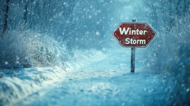 A "Winter Storm" warning sign stands amidst a heavy snowfall, with a stormy, snow-filled background, warning of dangerous winter