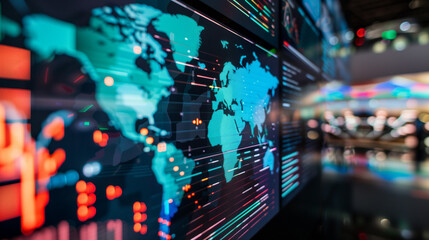 Fototapeta premium Close-up of digital screen showing downward-trending line graph, symbolizing rate cut in financial markets, economic adjustment concept.