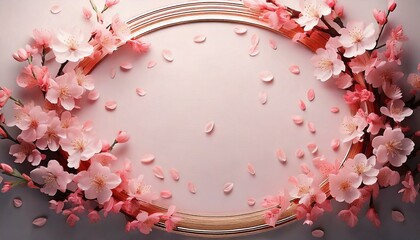 Fototapeta premium Pastel pink cherry blossoms scattered around the edges of a soft oval frame.