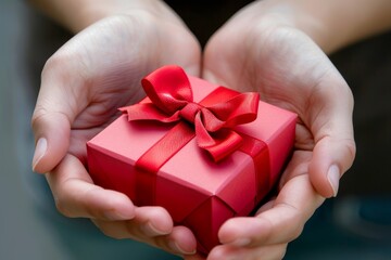 Womans Hands Presenting a Red Gift Box Wrapped With a Ribbon, Symbolic of Love and Celebration
