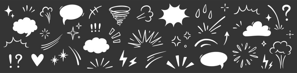 Comic cartoon effect smoke, boom element set. Comic speech bubble, boom burst, explosive smoke, line speed cartoon vector icon. Hand drawn sketch doodle speed element, splash. Vector illustration