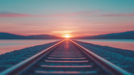 Fototapeta premium A single set of train tracks leads towards the setting sun, casting a warm glow over the water.