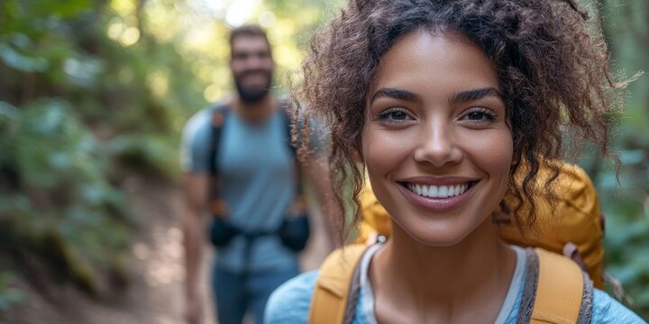 Hiking diverse people couple in the great outdoors together as friends and family exploring and experiencing nature, discovery, exploration travel and, Generative AI