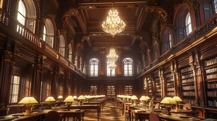 Fototapeta premium A historic library with high ceilings, grand chandeliers, and ancient books that transport visitors back in time.