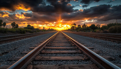 Obraz premium A tranquil view of railway tracks leading towards a vibrant sunset, framed by dramatic clouds and lush vegetation.
