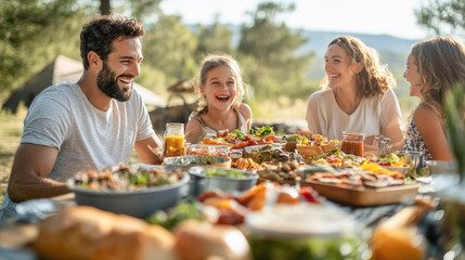 Happy family having lunch together outdoors during summer vacation