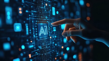 AI Hand Reaches Out to Human Finger on Dark Blurred  Blue Background