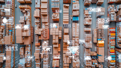 A futuristic view of global logistics with rows of shipping containers and holographic data interfaces displaying real-time trade information