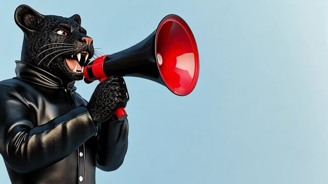 A panther with a leather jacket is shouting through a megaphone