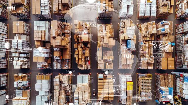 A futuristic view of global logistics with rows of shipping containers and holographic data interfaces displaying real-time trade information