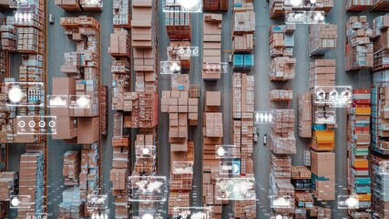 A futuristic view of global logistics with rows of shipping containers and holographic data interfaces displaying real-time trade information - Powered by Adobe