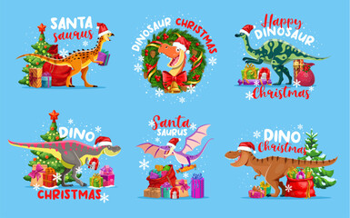 Fototapeta premium Christmas dinosaur greetings. Cartoon vector festive dino species wearing santa hats and surrounded by xmas trees, presents, and holiday decorations. Playful and cheerful funny holiday congratulations