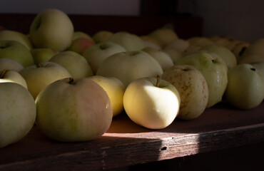 A ray of sunlight illuminates the ripe apples that are lying on the table.