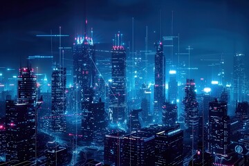 A cityscape with a lot of lights and reflections, generative ai image