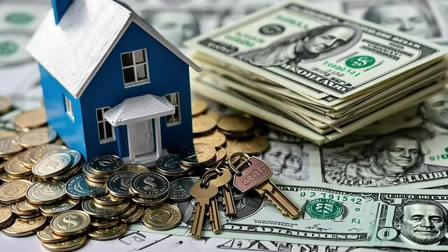 A blue toy house sits on a pile of gold coins next to a stack of dollar bills and a set of keys.