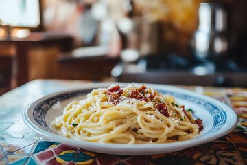 Zoom-in shot of carbonara pasta, creamy sauce and crispy pancetta in sharp focus, placed on a vibrant table with hand-painted Sicilian tiles, with rustic kitchen elements visible in the softly blurred