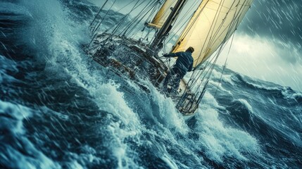 Naklejka premium Battling the elements, a man steers a sailboat through heavy rain and waves, struggling against the fierce ocean storm.