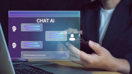 Chat bot Chat with AI, Artificial Intelligence. man using technology smart robot AI, artificial intelligence by enter command prompt for generates something, Futuristic technology transformation.