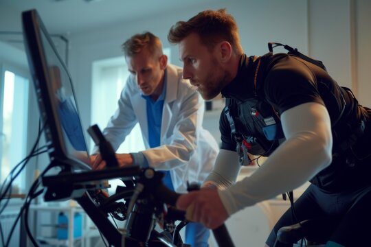 Indoor Cycling Performance Analysis: Athlete on Stationary Bike with Doctor