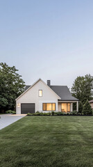 Obraz premium Modern white house with large windows surrounded by greenery at twilight