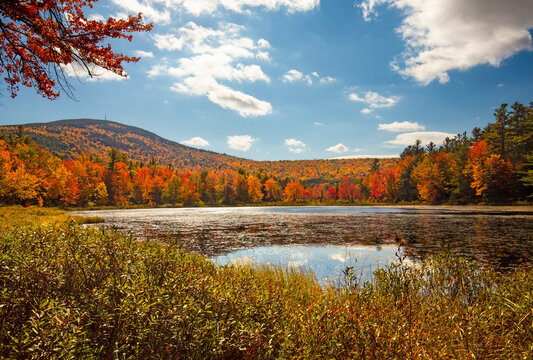 Sunny fall day at Morey Pond in Wilmot, New Hampshire.