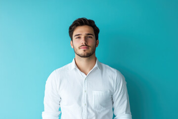 Obraz premium Man in white shirt and jeans against blue background.
