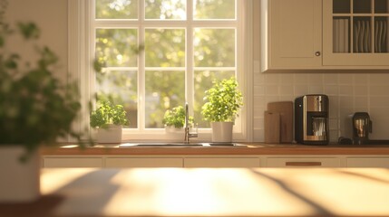 Fototapeta premium A bright kitchen scene with plants and a coffee maker, showcasing a warm, inviting atmosphere.