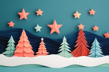 Paper Cut-Out Christmas Background Concept. A colorful paper cut-out christmas background featuring trees and stars, perfect for winter decorations and festive themes