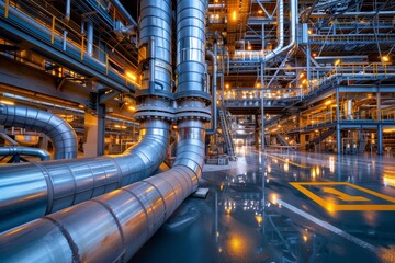 Industrial Plant with Modern Piping System, Polished Metal Surfaces, and Complex Infrastructure