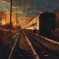 Obraz premium Depict a passenger train during the golden hour, casting long shadows on the tracks.