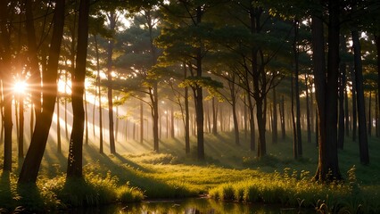 Sunrise in the spring forest