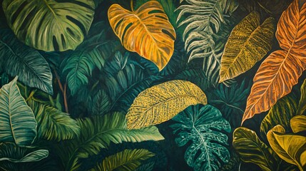 Fototapeta premium Close-up of a painting depicting vibrant green and yellow tropical leaves with a dark green background.
