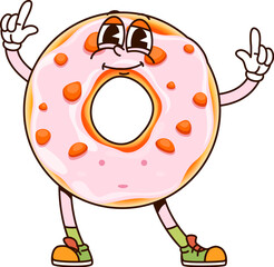 Groovy donut dessert character. Cartoon funny vector bakery retro personage with pink glaze, sprinkles and smiling face, showing fingers up. Doughnut bakehouse production, kawaii confectionery sweets