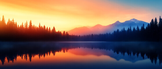Obraz premium Serene lake at sunset, vibrant colors reflecting off still water.