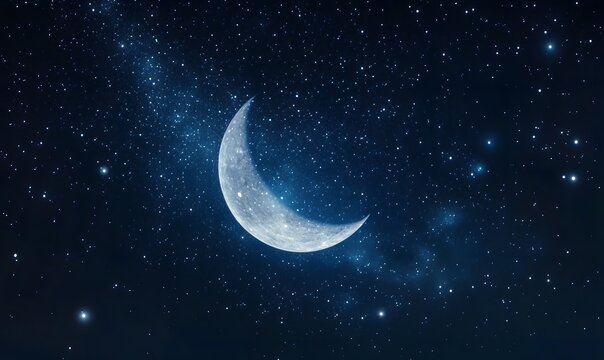 Mesmerizing night: a crescent moon in a dark blue sky filled with stars, showcasing the beauty of the universe, generative ai
