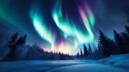 Naklejka premium A long-exposure photograph of the Northern Lights, with swirling patterns of green and purple over a snow-covered forest.