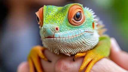 Fototapeta premium A friendly exotic pet adoption center, showcasing various animals like reptiles and birds in spacious enclosures, while families interact with the pets.