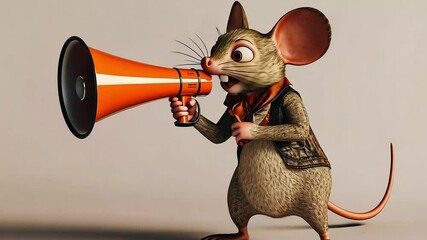 A cute cartoon mouse with a big smile, holding a megaphone in his right paw, ready to announce something important.