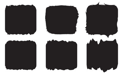 Set of black grunge rectangle frames with jagged edges. Geometric rectangular form of old torn paper pieces or shred black sheets. Ripped edge texture .  isolated on white and black background. EPS 10