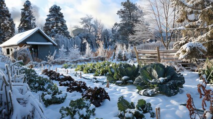 Design a winter vegetable garden with hearty produce like kale, carrots, and cabbage, surrounded by a snowy landscape and a cozy garden shed