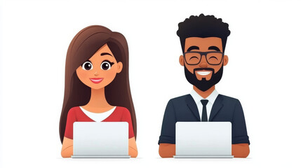 Smiling woman and man working on laptops.