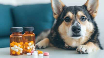 A curious dog sits beside prescription bottles filled with colorful pills, highlighting the importance of pet medication safety