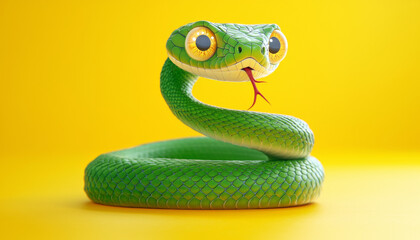 Fototapeta premium A whimsical green snake with large eyes and a playful expression, set against a bright yellow background.